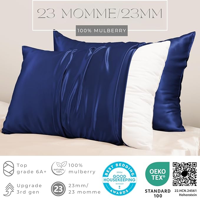 PROMEED 23 Momme Silk Pillowcase 2 Pack Toddler/Travel Size with Free Laundry Bag, Highest Grade 6A+ 100% Mulberry Silk Pillow Case Set of 2, Zipper (Toddler/Travel 13"x18", Navy)
