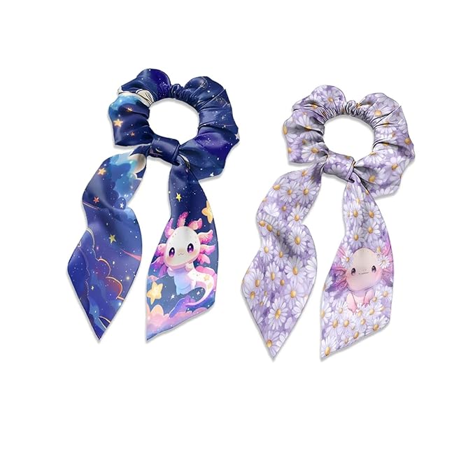 Starry Sky Axolotl Ribbon Bow Elastic Hair Ties for Women Daisy Ribbon Scrunchies Fashion Purple Knotted Bow with Long Tails Pack Of 2