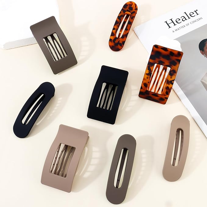 Velscrun Flat Hair Clips for Women Girls, 2 Styles 8 Pcs Lay Flat Claw Clips, Strong Hold French Duck Billed Large Side Hair Jaw Clip for All Hair Types, Fashion Trendy Hair Accessories Coffee Brown