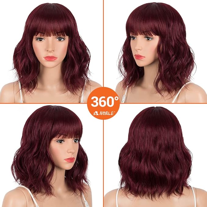 NOBLE Synthetic Ombre Burgundy Wig Short Wavy Wigs With Air Bangs Shoulder Length Wig For Women Curly Wavy Heat Resistant Synthetic Colorful BOB Wigs