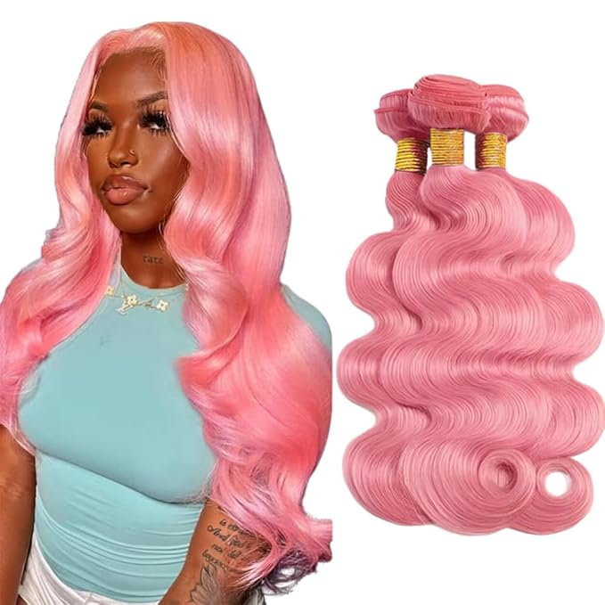 Light Pink Body Wave Bundles Pink Human Hair Bundles 18 20 22 Inch Double Weft Soft and Silky Pink Bundle Hair Weave Niegmeag Peruvian Virgin Remy Hair Extensions