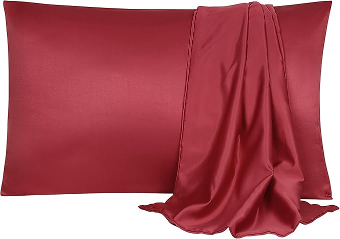 uxcell 2 Pack Silk Satin Pillowcase for Hair and Skin, Cool, Silky, Soft Breathable Pillow Cases Standard Size 20x26 Inch Sateen Pillowcase Burgundy with Envelope Closure