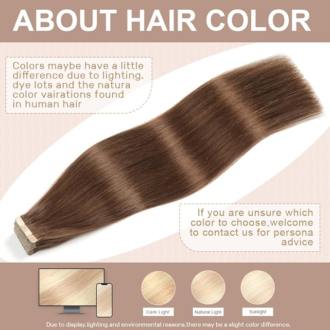 Tape in Hair Extensions Human Hair Chocolate Brown Hair Extensions 18 Inch 20pcs Remy Straight Human Hair Tape in Extensions Skin Weft Tape Extensions Human Hair