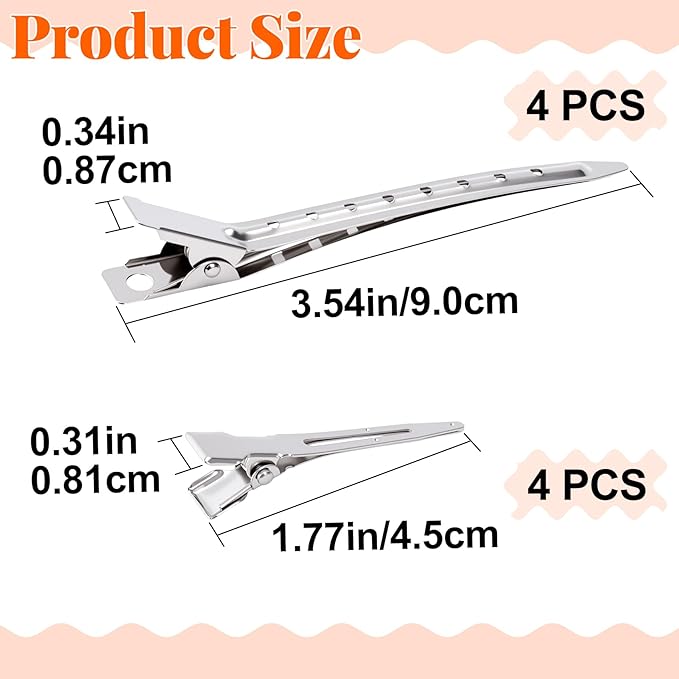 8 Pcs Hair Clips for Styling, Duck Bill Clips, Rustproof Metal Alligator Pin Curl Clips, Duck Billed Hair Clips, Hair Sectioning Clips, Duck Clips for Hair, Curls (Silver, 3.54, 1.77 inch)
