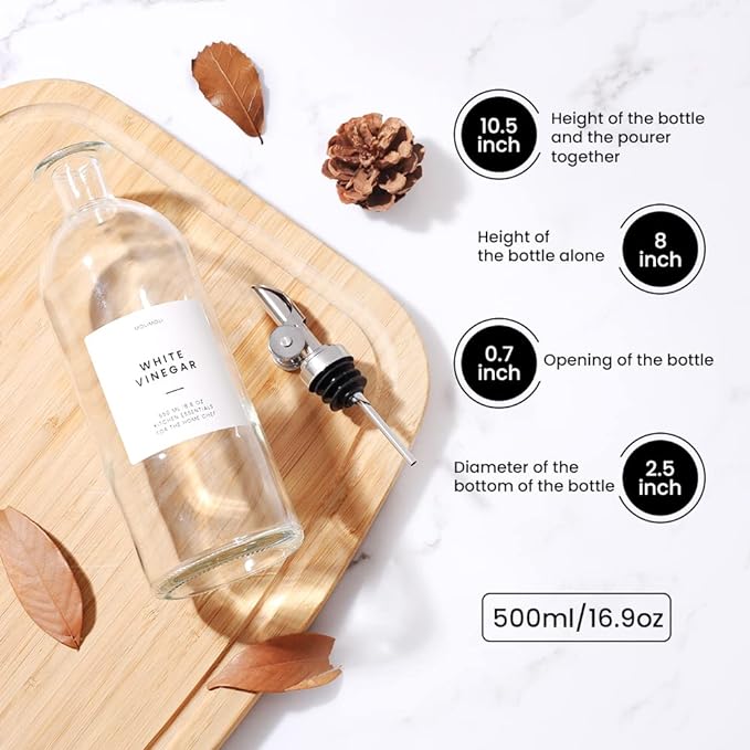 Molimoli Oil and Vinegar Dispenser with Metal Pour Spout, Weighted Pourer, Glass Bottle Dispenser for Kitchen, Olive Oil Cruet, Glass Olive Oil Bottle | 500ml, Set of 2