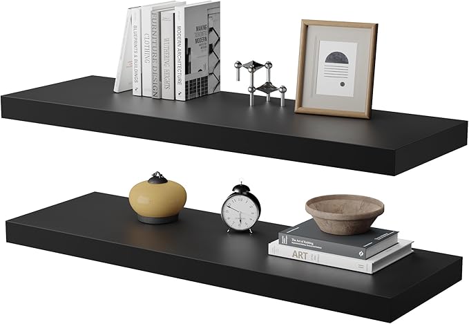 Large Floating Shelves for Wall Set of 2 Wooden Wall Shelves 24 in x 12.75 in x 2 inRoom Decor Long Shelf with Invisible Wall Mount Bracket for Bedroom Kitchen Living Room Black