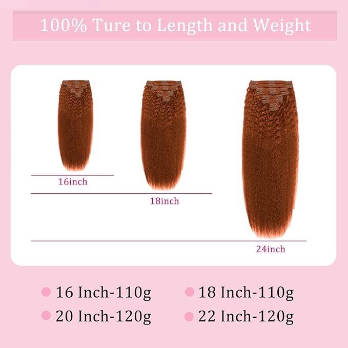 Copper Kinky Straight Clip in Hair Extensions Real Human Hair 110g 8pcs 18clips Human Hair Clip ins Double Weft Brazilian Clip Ins Human Hair for Women (#350 18inch)