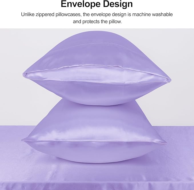 Lirex Satin Pillowcase for Hair and Skin, Super Soft and Cooling Similar to Silk, 2 Pack Standard Size 20"X 26" Pillow Cases with Envelope Closure, Gifts for Women Men, Light Purple
