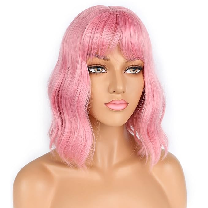 LANICE Short Bob Pink Wigs with Bangs for Women Loose Wavy Hair Shoulder Length Wigs Synthetic Colorful Wigs for Cosplay Daily PartyUse(Pink,12inch)
