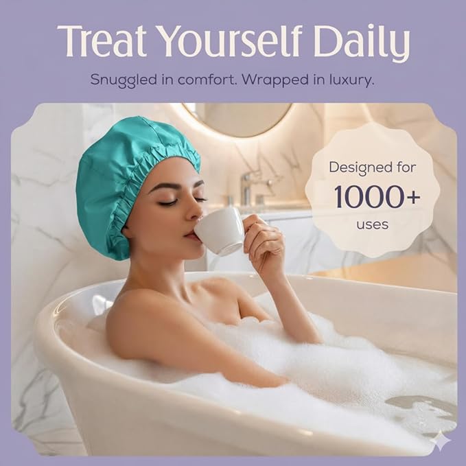 Premium Shower Cap for Women - 1000+ Showers, 100% Waterproof, Double-Sided, Large Shower Cap For Long Hair & Great For Curls (Anti-Frizz Terry Cloth Lining) Turquoise.