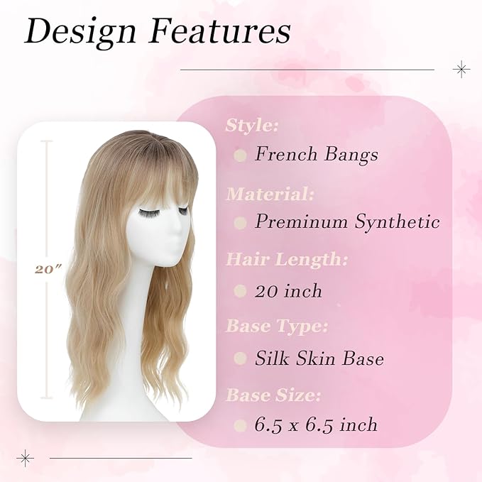 Hair Topper, 360° 3D Hair Toppers for Women with Thinning Crown, 20 Inch Long Wavy Curly Hair Pieces Clip in Bangs (Highlights Champagne Blonde with Brown Root, 20 inch, French Bangs)