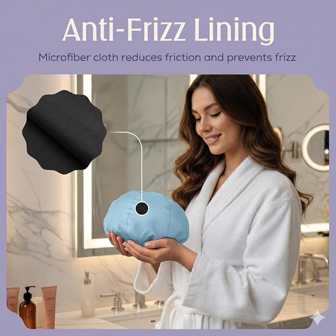 Premium Shower Cap for Women - 1000+ Showers, 100% Waterproof, Double-Sided, Large Shower Cap For Long Hair & Great For Curls (Anti-Frizz Terry Cloth Lining) (Sky Blue)