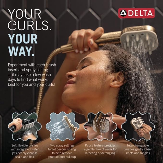 Delta VersaCurl Detangling Handheld Shower Head Tool for Curly Hair with 3 Curl Defining Brush Inserts Included, Detangler Brush Hand Shower with Hose, Matte Black 74B430BL