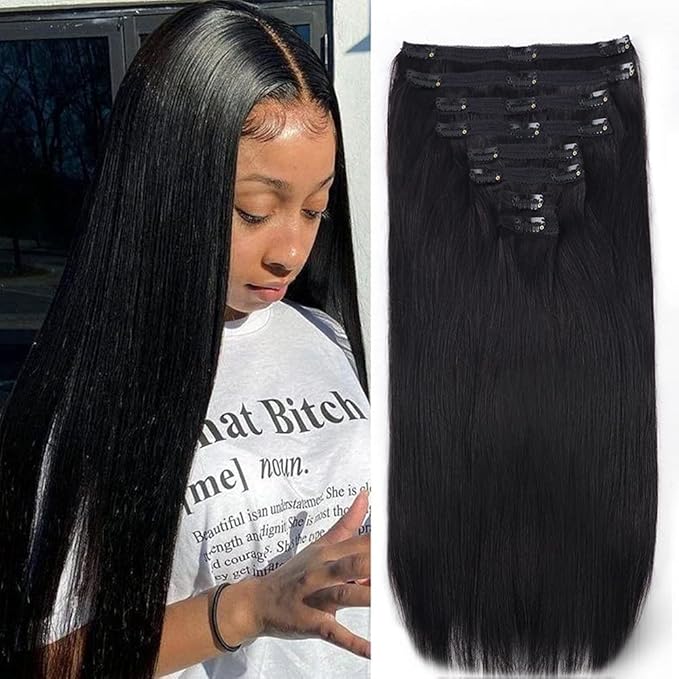 Straight Clip in Hair Extensions Real Human Hair 8Pcs Remy Human Hair Clip ins for Women, Natural Soft Silk Straight Human Hair 120g 24inch #1B Natural Black