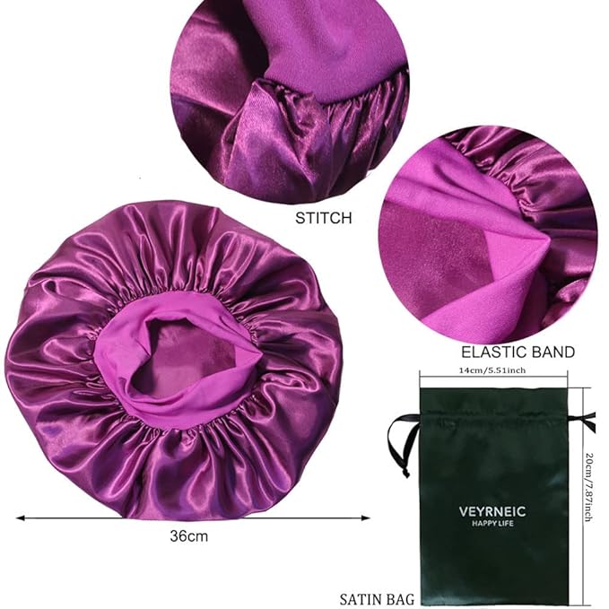 VEYRNEIC Hair Satin Bonnet for Sleeping Shower Caps Silk Chemo Caps with Wide Elastic Band Night Sleep Cap Bonnets for Black Women Braids (Dark Purple)