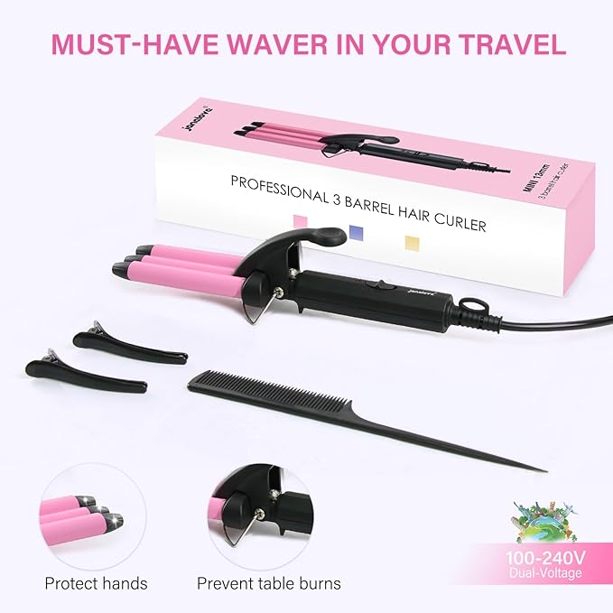 Mini Hair Crimper, janelove 1/2 Inch Beach Waves Curling Iron, Hair Waver for Short & Medium with 3 Ceramic Barrels, Home and Travel Friendly Crimper Hair Tool, Dual Voltage, 392℉ Fast Heating