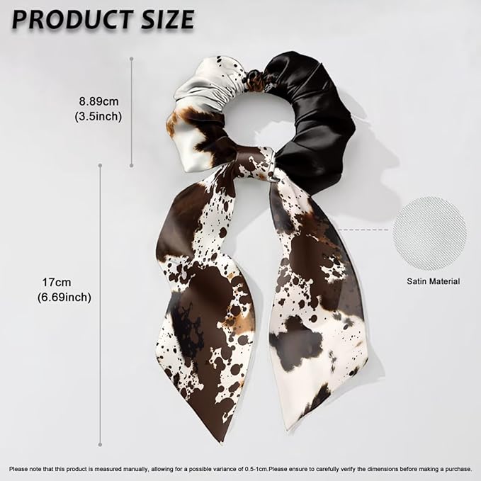 Cow Print Pack of 2 Knotted Bow Hair Scrunchies Elastic Hair Scarf Fashion Bow Scrunchy Aesthetic Ponytail Scrunchies with Ribbon