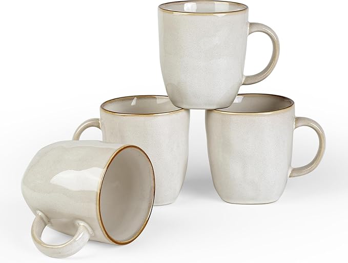 famiware Coffee Mugs Set of 4, Ocean Square 13oz Coffee Cup Set with Handle for Cocoa, Milk, Hot Chocolate, Stoneware Cups for Kitchen, Reactive Glaze, Microwave and Dishwasher Safe, Cappuccino White