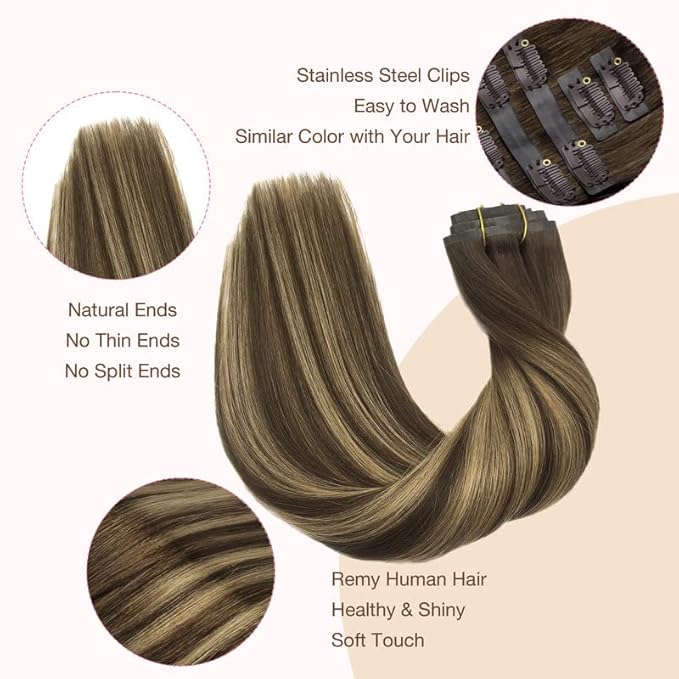 GOO GOO Clip in Hair Extensions Real Human Hair, Remy Human Hair Extensions Clip ins for Women, Natural Human Hair, 14inch 110g 7Pcs, 4/27/4 Balayage Chocolate Brown to Caramel Blonde