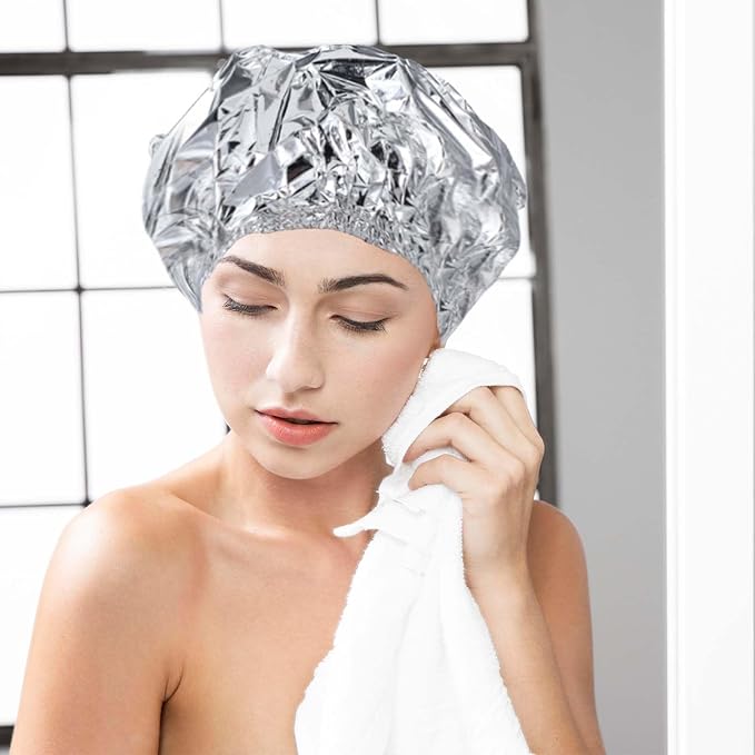 2pcs Deep Conditioning Hair Cap for Oil Treatment Heat Heated Shower Caps Reusable Aluminum Foil Double Layer Aluminum Foil Steam Caps for Home Salon Use Hair Dyeing Long Thick Hairs