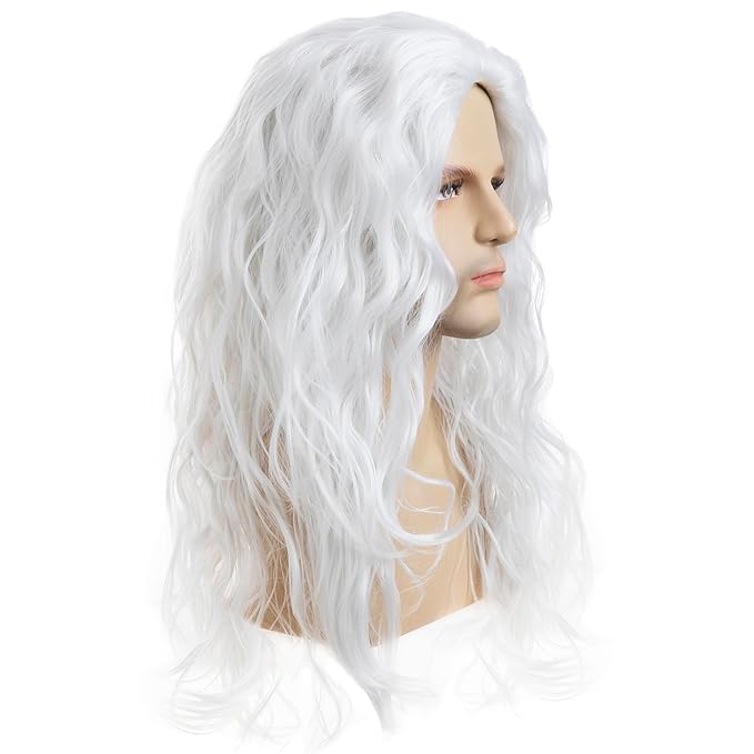 Baruisi Long Curly Wavy White Wigs for Men Synthetic Natural Party Halloween Cosplay Hair Wig，Cream White