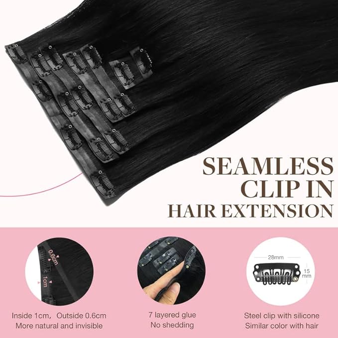 GOO GOO Clip in Hair Extensions Real Human Hair, Remy Human Hair Extensions Clip ins for Women, Natural Human Hair, 22inch 110g 7Pcs, 1 Jet black