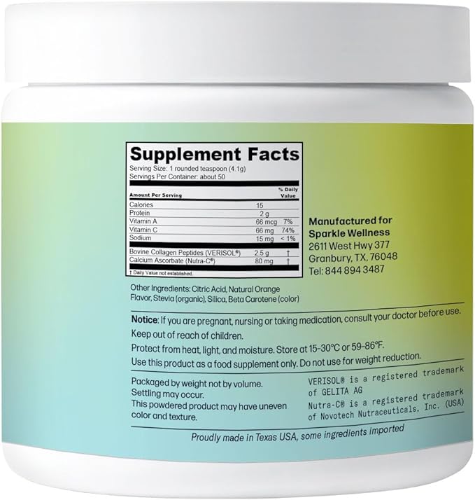 Sparkle Wellness VERISOL Bioactive Hydrolyzed Collagen Peptides | Collagen Powder Supplement with Vitamin C for Skin, Hair & Nail Health | Skin Boost (Orange) [50-Serves]