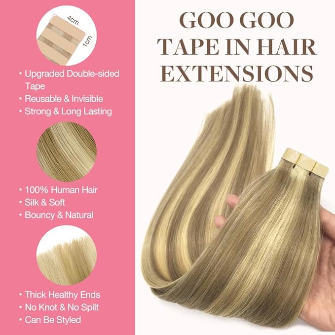 GOO GOO Tape in Hair Extensions Human Hair, 16/22 Light Blonde Highlighted Golden Blonde, 18inch 100g 40pcs, Skin Weft Seamless Invisible, Silky Straight with Thick Ends, Remy Human Hair