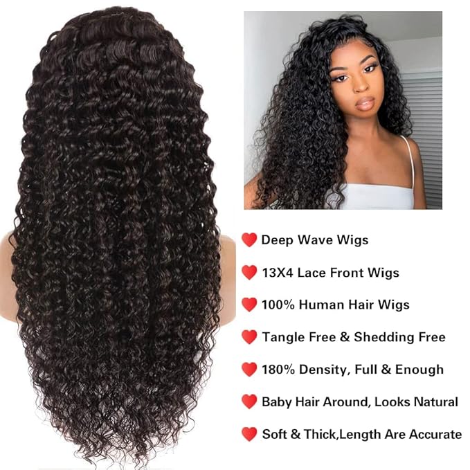 13x4 Human Hair Lace Front Wigs for Black Women 180% Density Brazilian Deep Wave HD Transparent Lace Front Wig with Baby Hair Pre Plucked Bleached Knots(18inch,Natural Black)