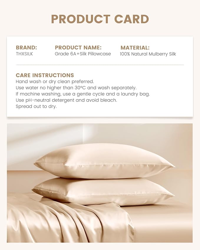 THXSILK Set of 2 100% Mulberry Silk Pillowcases for Hair and Skin, Grade 6A+ Mulberry Silk Pillow Cases 19 Momme, Hypoallergenic Pillow Case Cover with Zipper (Queen 20"x30", Beige)