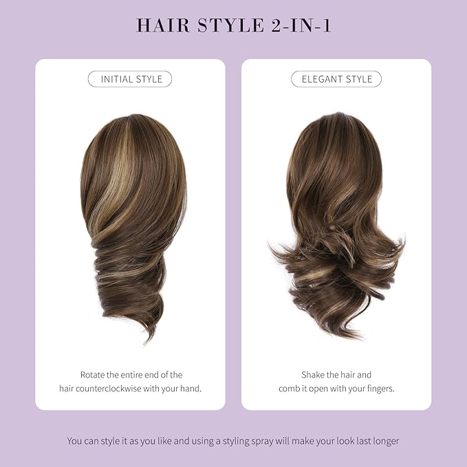 Clip on Ponytails for Women - 12 Inch Curly Ponytail Extension, Wavy Pony Tails Hair Extensions, Synthetic Hair Extensions Ponytail, Clip in Ponytail (Color: Ash Blonde with White Highlights)