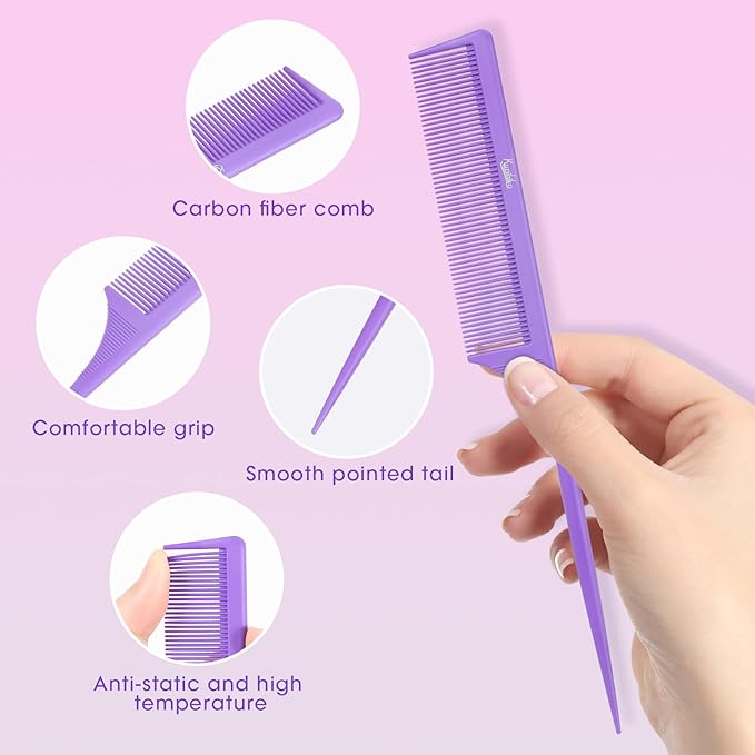 Rat Tail Comb for Women: 2Pcs Purple Fine Tooth Parting Tip Carbon Fiber Root Teasing Anti Static Hair Comb
