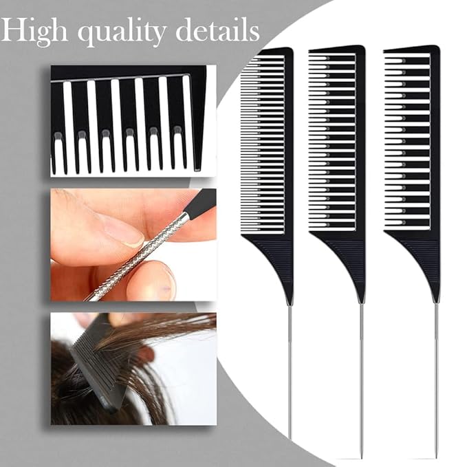 SKYPIA 3 Piece Professional Dyeing Hair Comb Set - Highlight Combs with Long Stainless Steel Rat Tail for Weaving and Styling (Black)