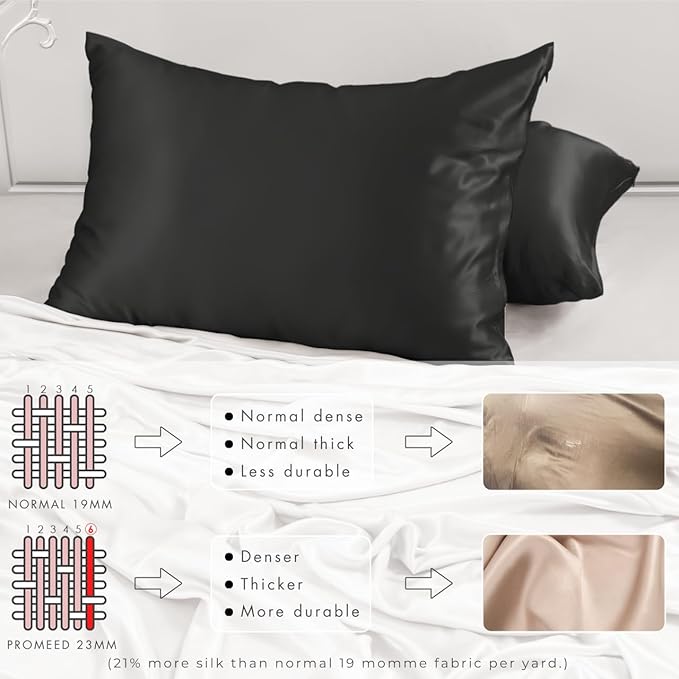 PROMEED Upgraded Grade 6A+ Black Silk Pillowcase with Zipper, 23 Momme Natural Mulberry Silk Pillow Cases for Hair and Skin - Easy Care with Free Laundry Bag (Standard 20"x26", Black)
