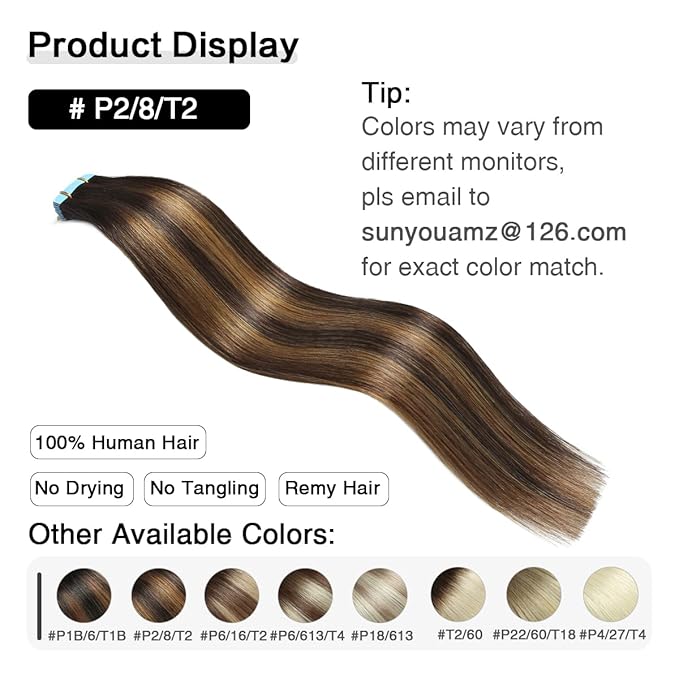 SUYYA Tape in Hair Extensions Human Hair Balayage Darkest Brown to Light Brown 16 Inch 40g/pack 20pcs Straight Seamless Skin Weft Tape in Real Human Hair Extensions(16inch #P2/8/T2)