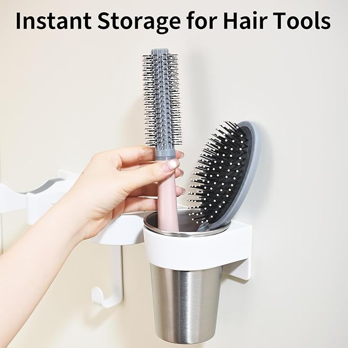 Hot Tools Organizer, Hair Tool Organizer Wall Mount Aluminum Alloy, Space-Saving Curling Iron Holder for Vanity & Bathroom with Stainless Steel Cups White