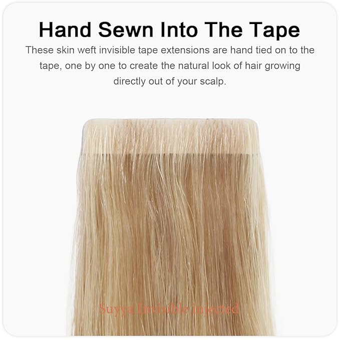 SUYYA Invisible Tape in Hair Extensions Human Hair Seamless Injected Hand-Tied Pro Quality Virgin Human Hair Tape Ins Ash Blonde Highlighted Bleach Blonde 20PCS 40G/Pack Straight(16 inch #P18/613)
