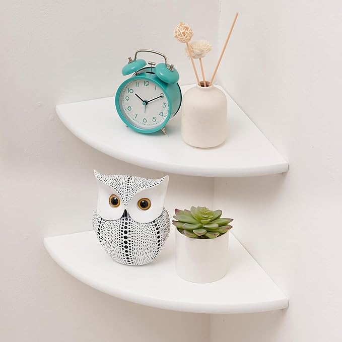 Corner Shelves, Floating Corner Shelf, Set of 2 Solid Oak Wood Wall Shelves, Round End Wall Mount with Wire Hole Shelving for Small Plant for Bedroom Kitchen, Living Room (White, 7.1in 2P)