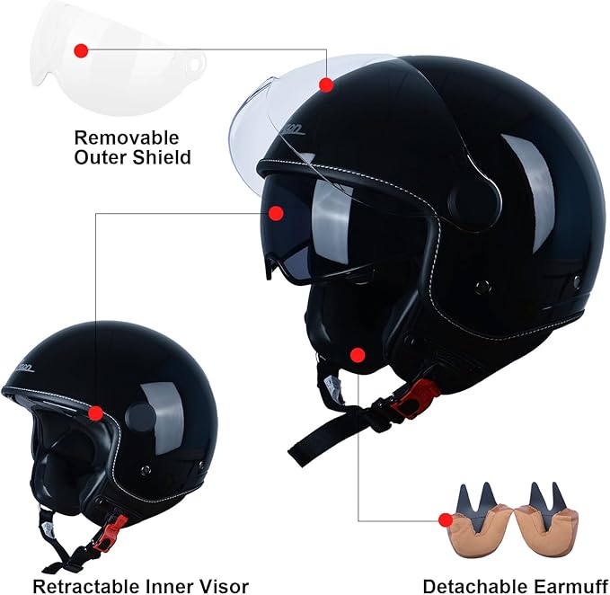 Open Face Motorcycle Helmet for Adults, DOT Approved,3/4 Retro Vespa Helmet, Dual Visors Men's and Women's Motorbike Casco for Moped Cruiser Bobber and Chopper