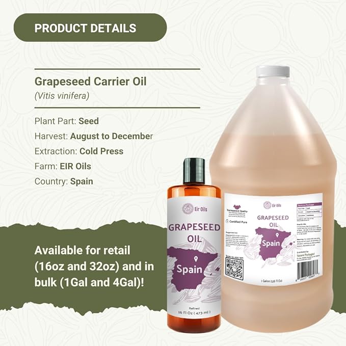 Grapeseed Oil - Pure Grapeseed oil for Skin - 100% Pure Carrier Oil for Hair, Face, and Skin - Direct from EIR Oils in the Beautiful Spanish Countryside (16 oz)