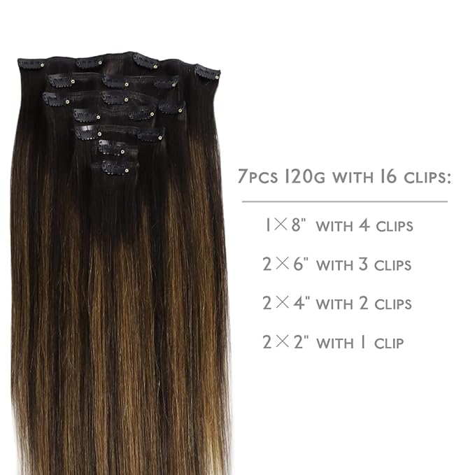 WENNALIFE Clip in Hair Extensions Real Human Hair, 22 Inch 130g 7pcs Remy Hair, Balayage Dark Brown Mixed Chestnut Brown Straight Natural Extensiones De Cabello Humano Con Clip Ins