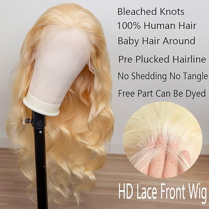 613 Blonde Human Hair Wigs 13X6 HD Transparent Lace Front Body Wave Wigs with Baby Hair for Black Women Pre Plucked Brazilian Virgin Hair Wig 180% Density 22 Inch