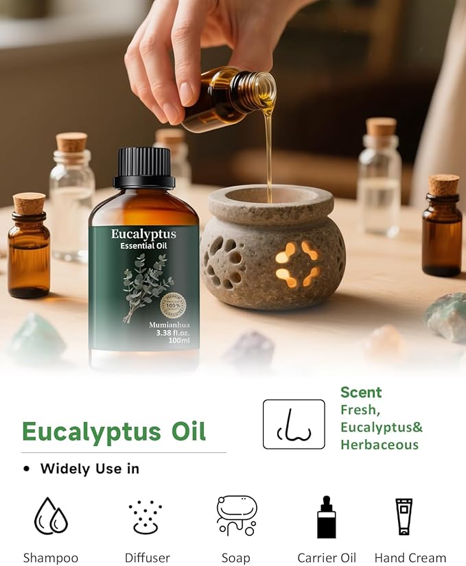 Pure Eucalyptus Essential Oil for Outdoor Shield, Patio & Garden Protection, Mumianhua Natural Spray Blends for Diffuser, Outdoor Freshness, Unwanted Distractions, Skin, Hair 3.38 Fl Oz