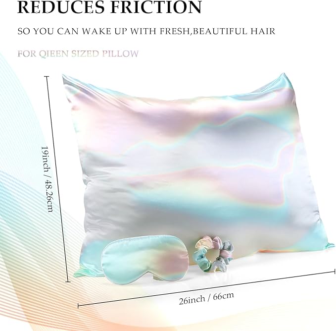 2 Pack Satin Pillowcase with Hidden Zipper, Adjustable Satin Eye Mask for Sleeping and Satin Volume Scrunchie for Hair and Skin, Standard Size(Aurora,Classic Style)