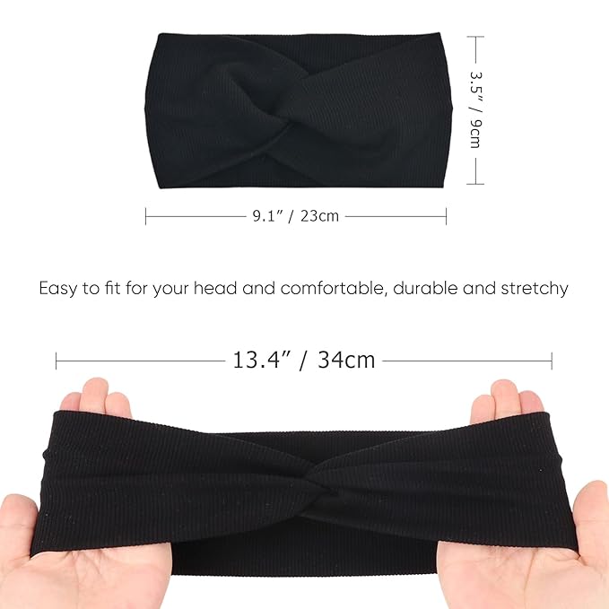 DRESHOW 6 Pack Turban Wide Headbands for Women Headwraps Knotted Elastic Yoga Workout Solid Color Hair Accessories