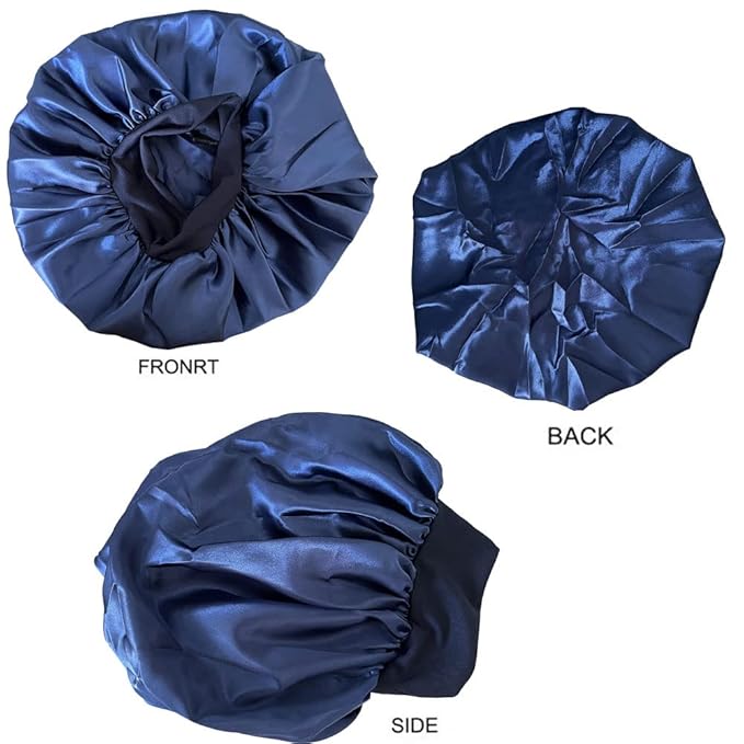 VEYRNEIC Hair Satin Bonnet for Sleeping Shower Caps Silk Chemo Caps with Wide Elastic Band Night Sleep Cap Bonnets for Black Women Braids with Satin Storage Bag(Navy Blue)