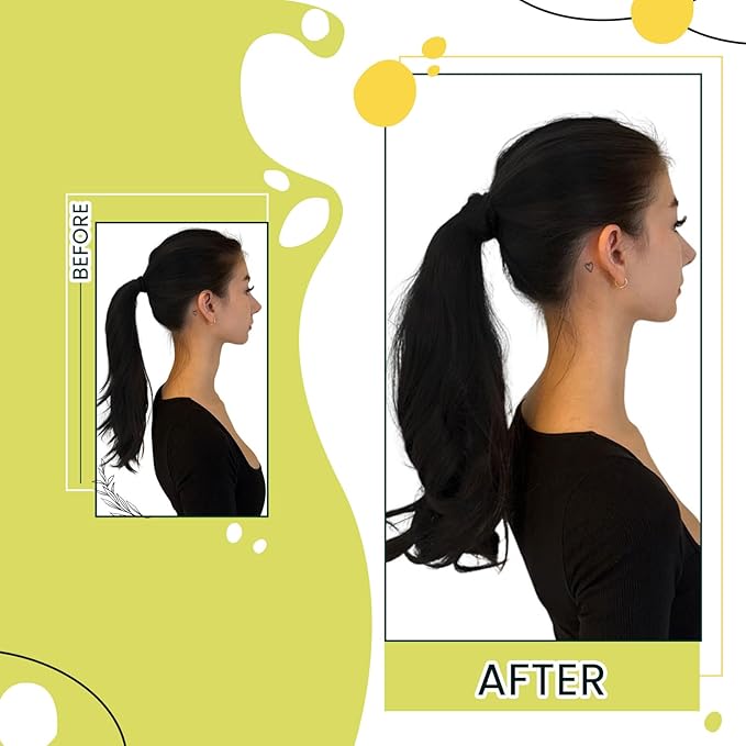 RUNATURE Human Hair Ponytail Extension Black, Real Hair Ponytail Extension With Magic Paste, Remy Natural Ponytail Hair Extensions, Straight Hair Add Volume, 18 Inch 80g #1B Off Black