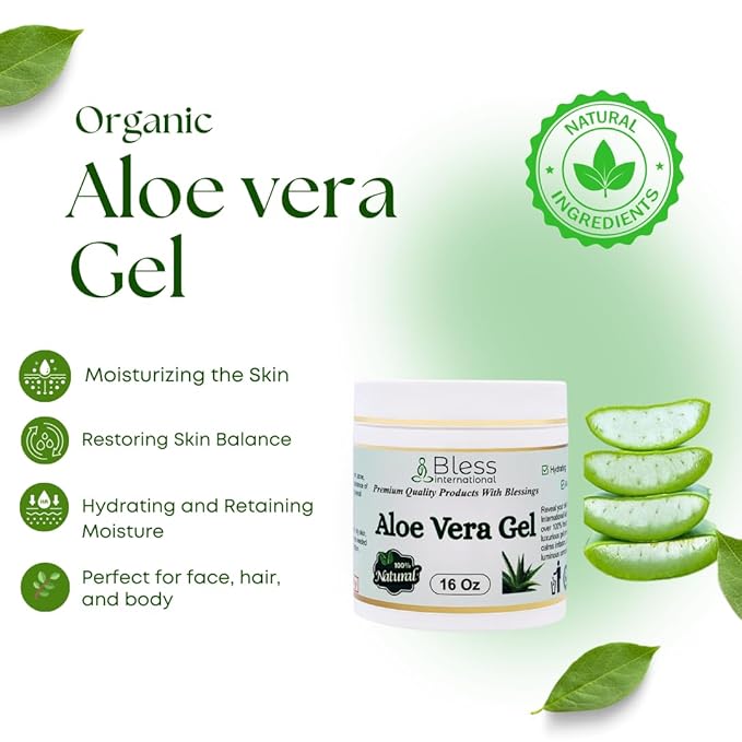 Bless International-Organic-Aloe-Vera-Gel 96%-Pure-Freshly-Made-Within-12-Hours-Of-Harvest Perfect-For-Face-Body-Scalp-&-Hair-Hydration Soothing-Moisturizer-For-Sunburn-And-After-Sun-Care-16-oz