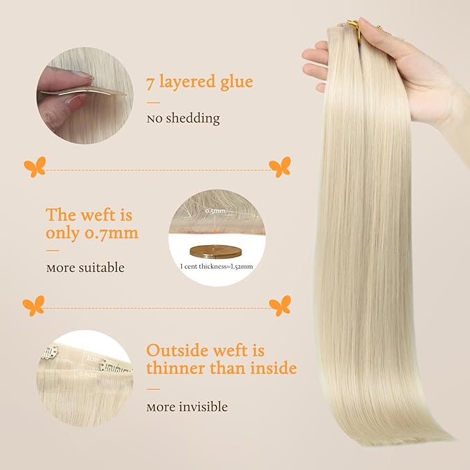 DOORES Seamless Clip in Human Hair Extensions - Platinum Blonde, 16 Inch, 7pcs 110g - Straight Remy Hair With Invisi Edge Weft