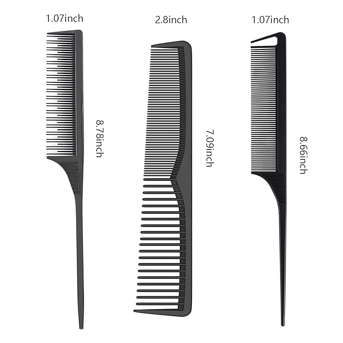 Professional Comb Set Black 6 Piece - Carbon Fiber Anti Static And Heat Resistant Comb-Fine and Wide Tooth Comb for Men and Women - Parting Teasing and Hair Styling